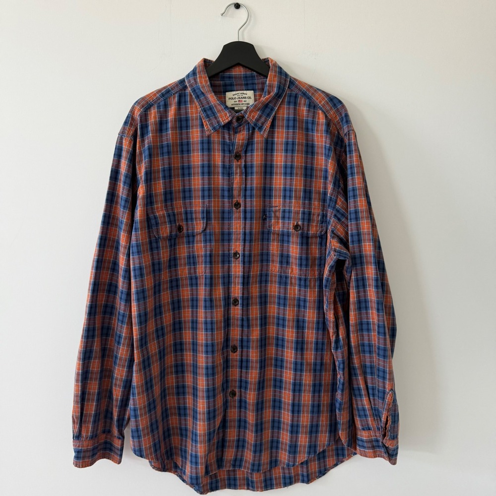 Ralph Lauren Polo Jeans Co Mens XL Plaid Button Down Shirt Blue Orange Cotton